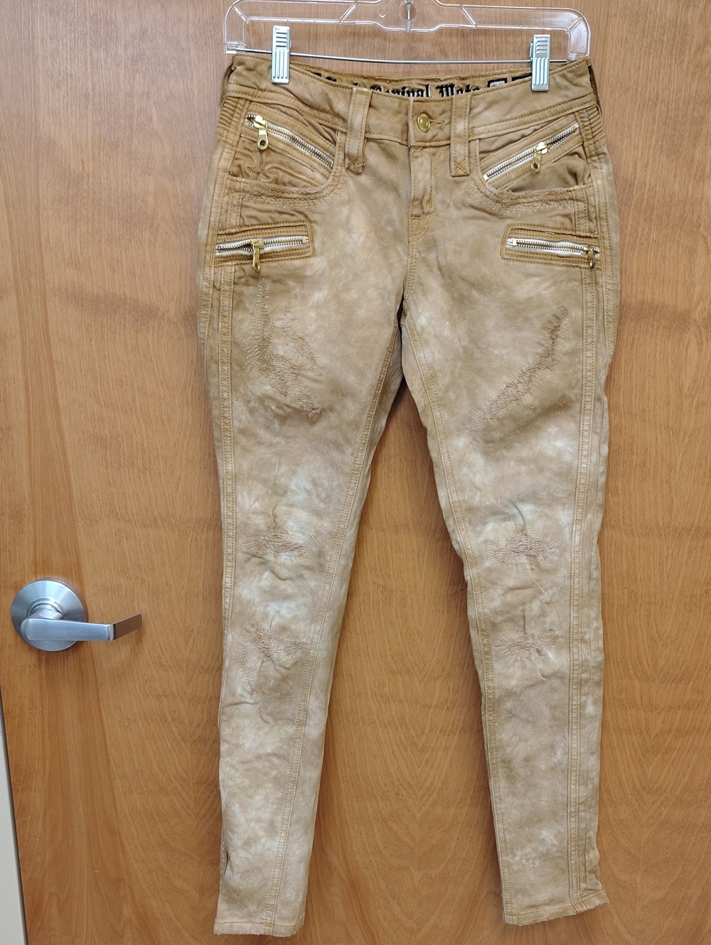 Rock Revival Moto Jeans Cladelle Tan Tie Dye With Gold Hardware